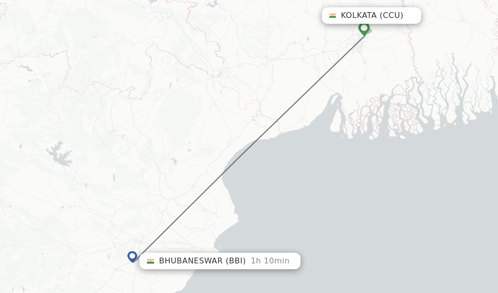 Flights from Kolkata to Bhubaneswar route map