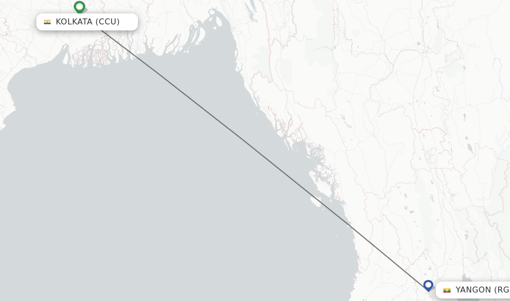 Flights from Kolkata to Yangon route map