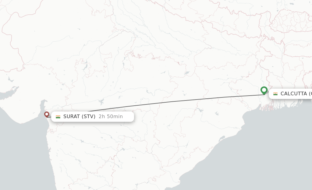 Flights from Kolkata to Surat Gujarat route map