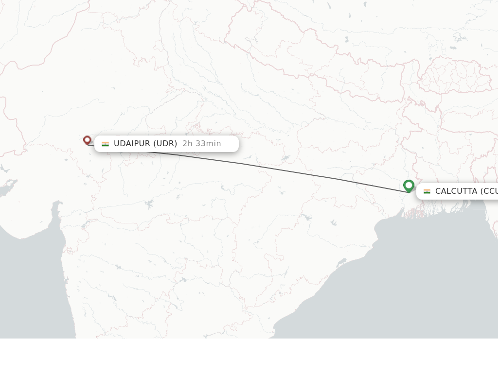 Flights from Kolkata to Udaipur route map