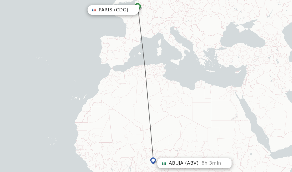 Flights from Paris to Abuja route map