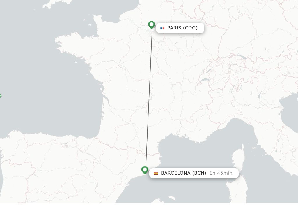 Flights from Paris to Barcelona route map