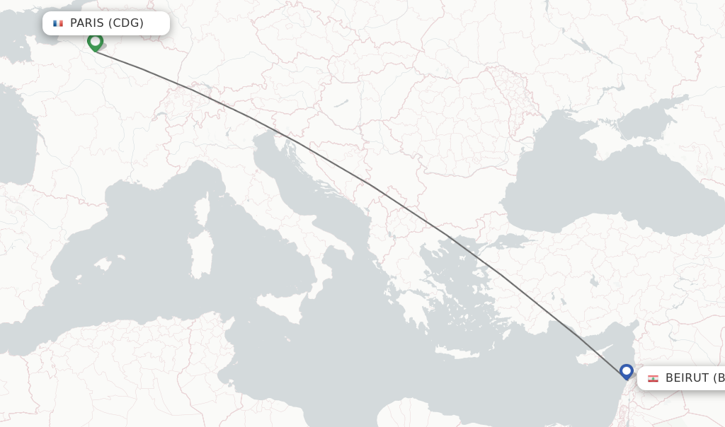 Flights from Paris to Beirut route map