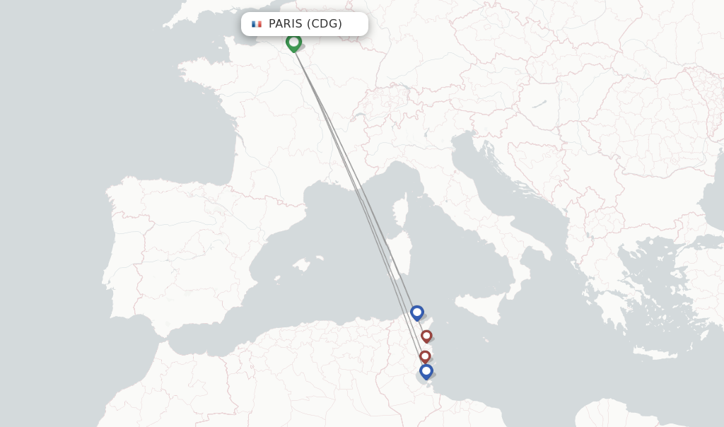 Route map with flights from Paris with Nouvelair