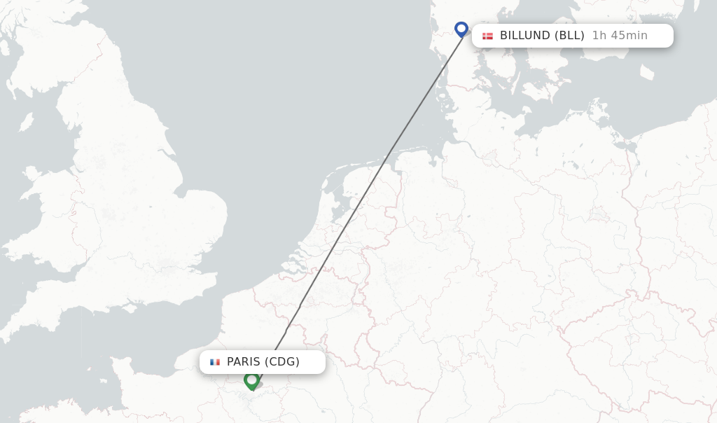 Flights from Paris to Billund route map