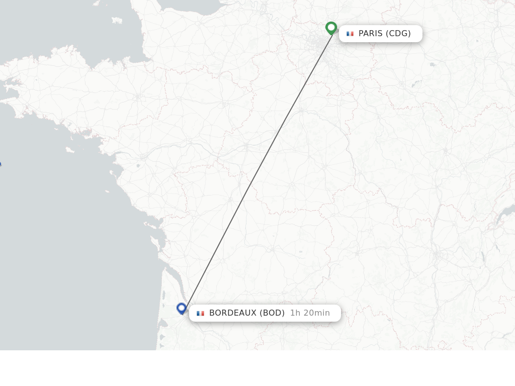 Flights from Paris to Bordeaux route map