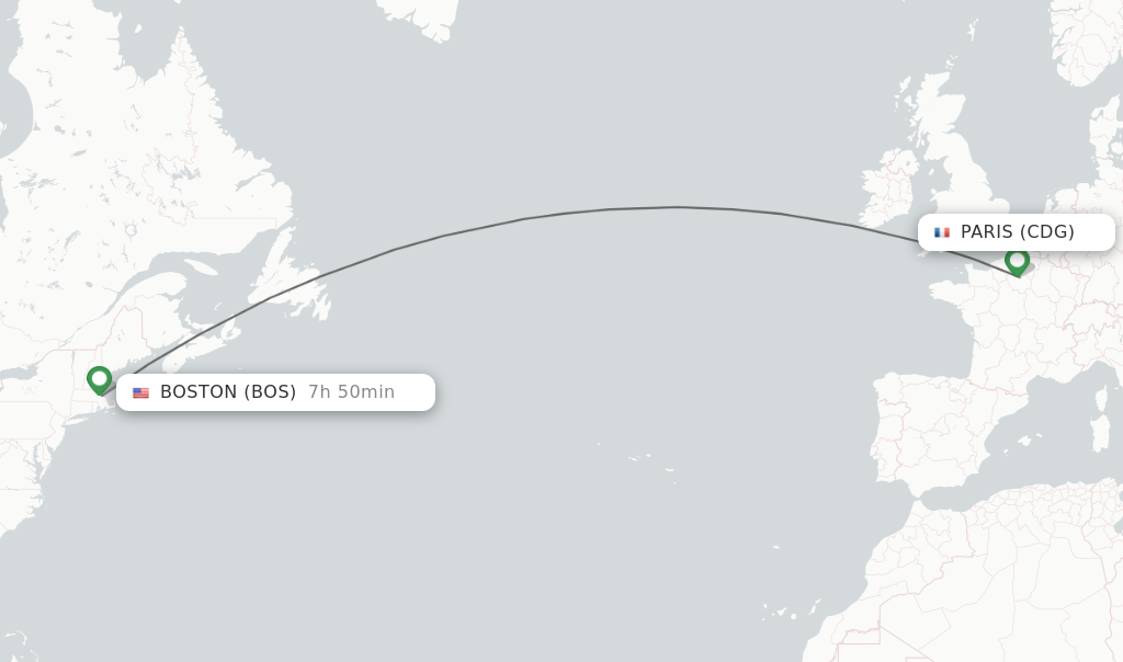 Flights from Paris to Boston route map