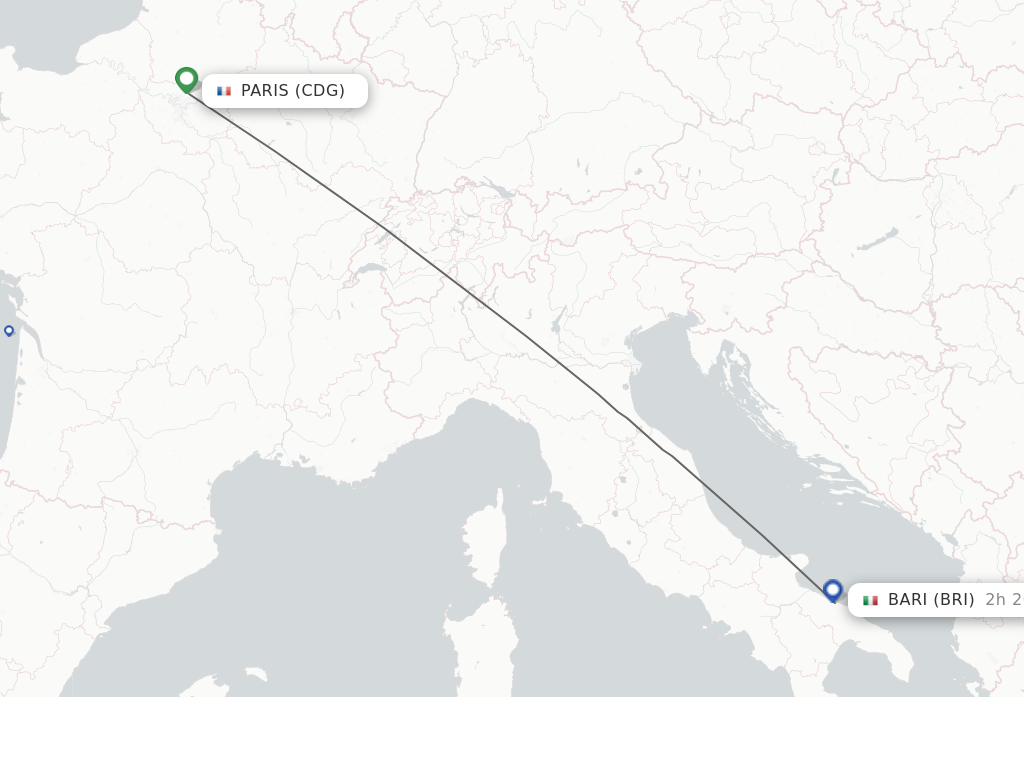Flights from Paris to Bari route map
