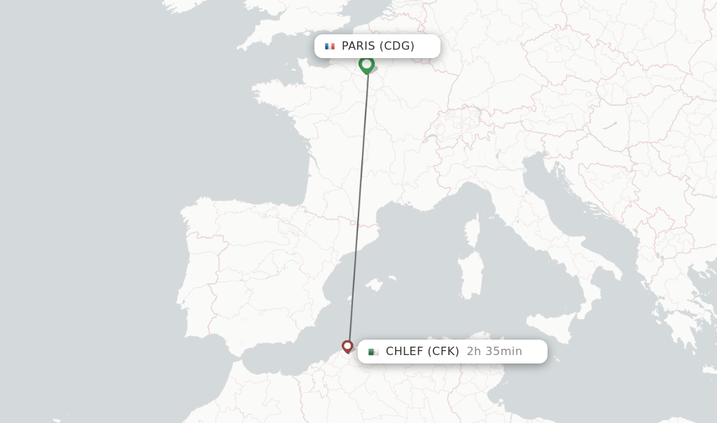 Flights from Paris to Chlef route map