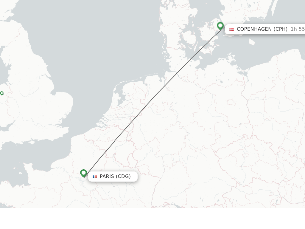 Flights from Paris to Copenhagen route map