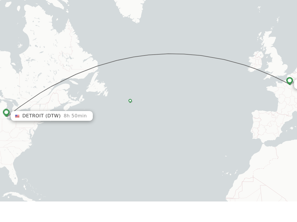 Flights from Paris to Detroit route map