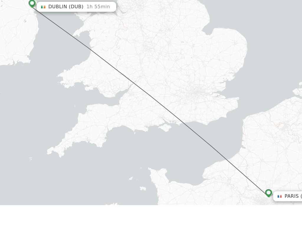 Flights from Paris to Dublin route map