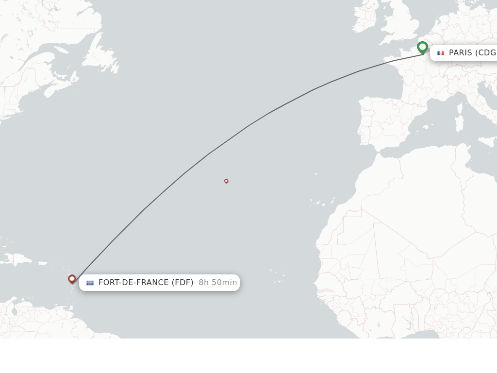 Flights from Paris to Fort-De-France route map