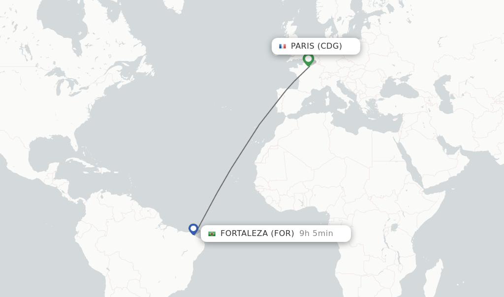 Flights from Paris to Fortaleza route map