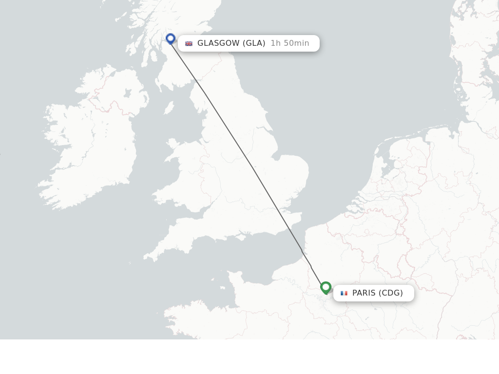 Flights from Paris to Glasgow route map