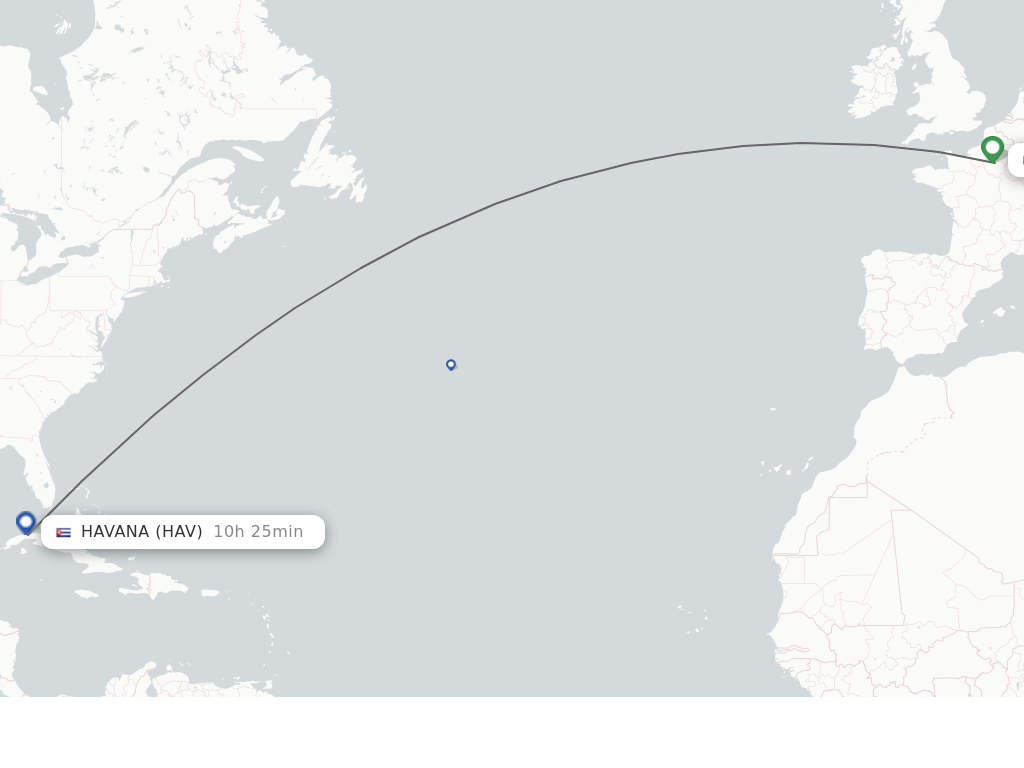 Flights from Paris to Havana route map