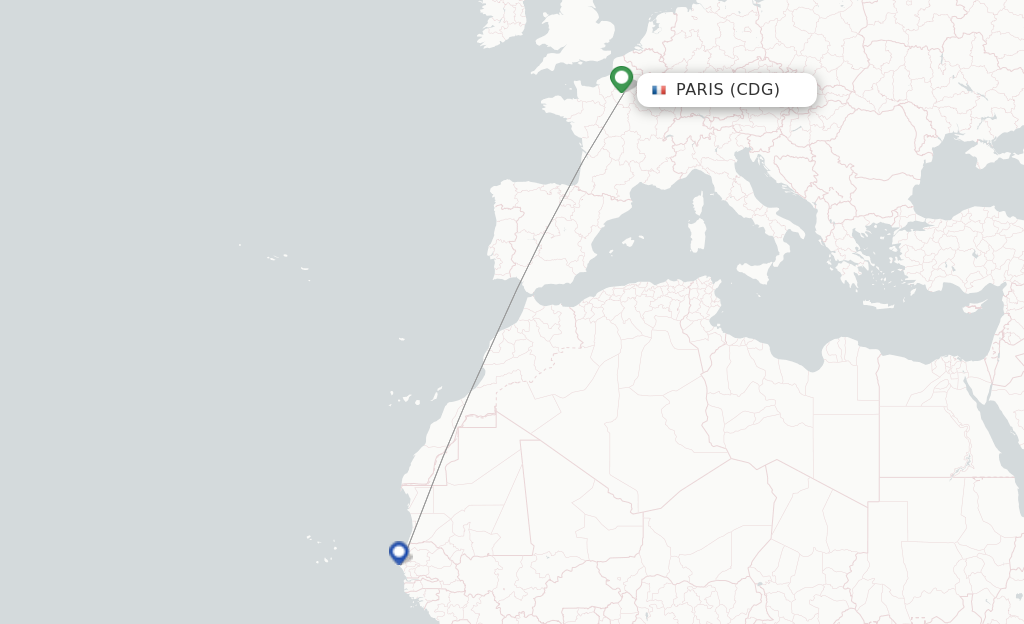 Route map with flights from Paris with Air Senegal