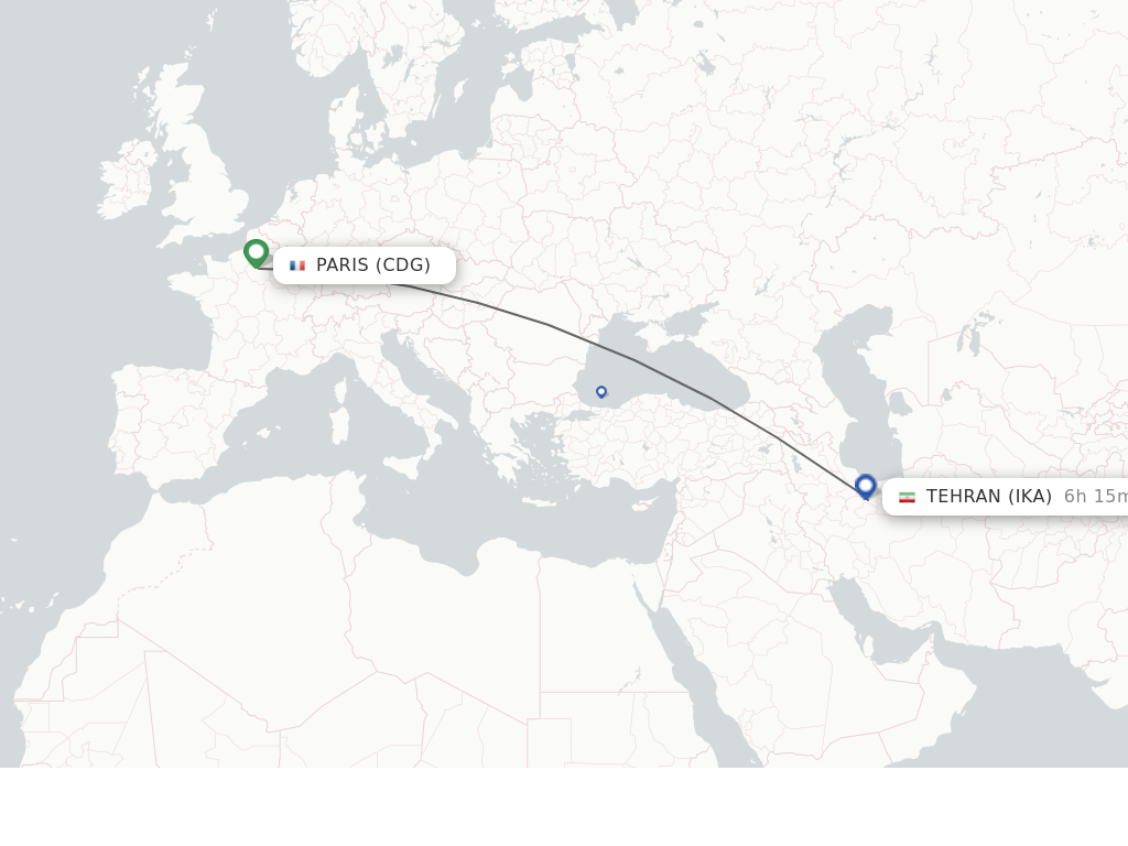 Flights from Paris to Tehran route map