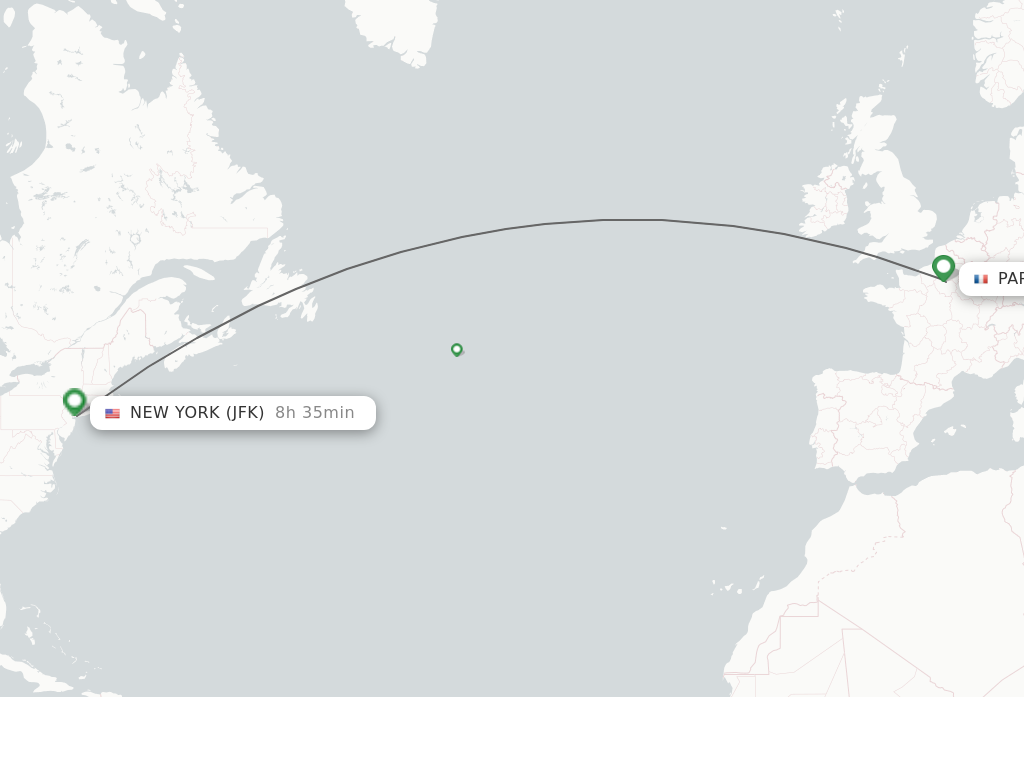 Flights from Paris to New York route map