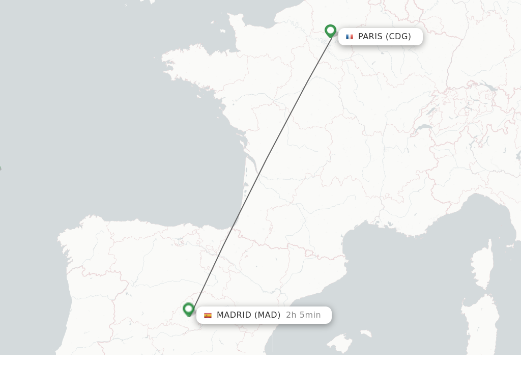 Flights from Paris to Madrid route map