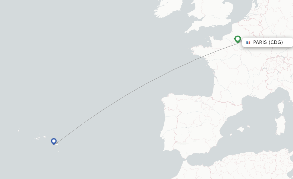 Route map with flights from Paris with Azores Airlines