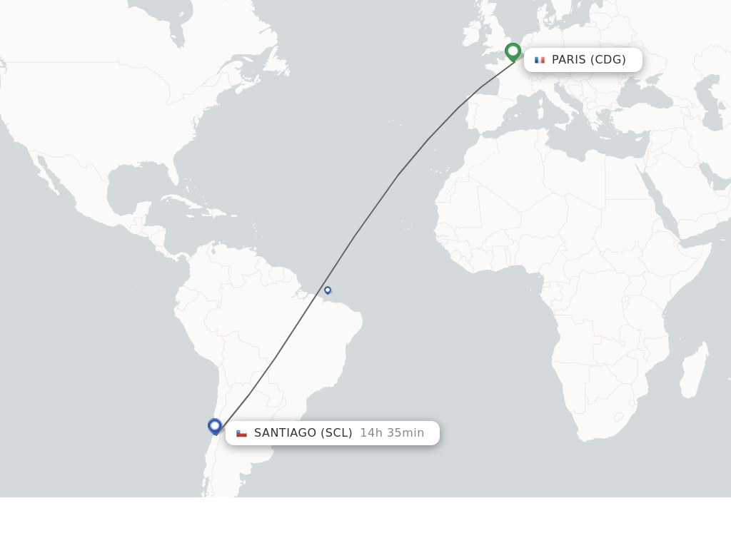 Flights from Paris to Santiago route map