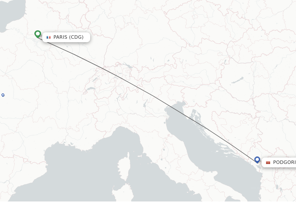 Flights from Podgorica to Paris route map