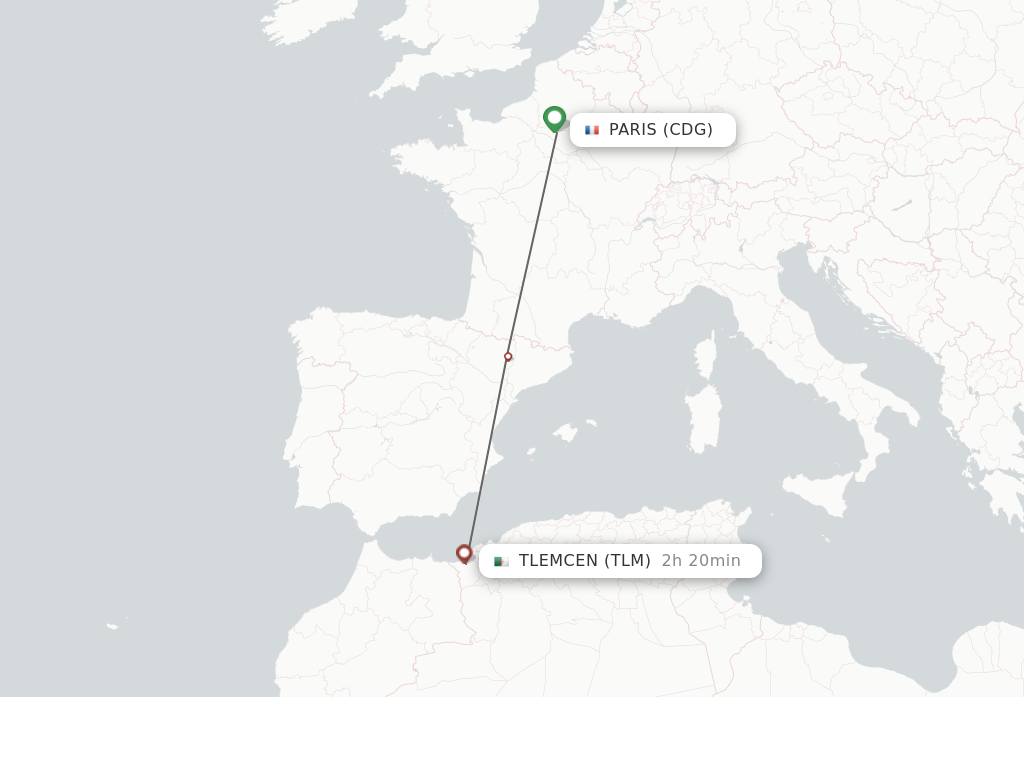 Flights from Paris to Tlemcen route map