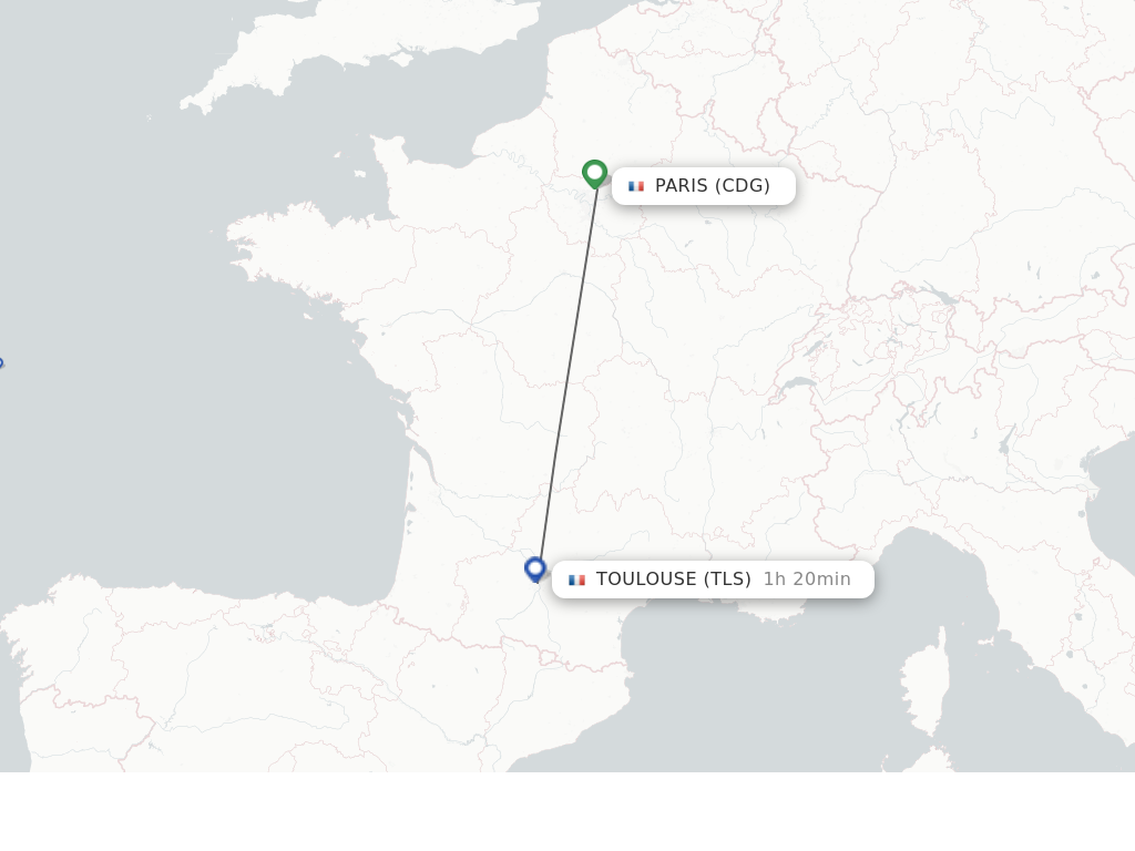 Flights from Paris to Toulouse route map