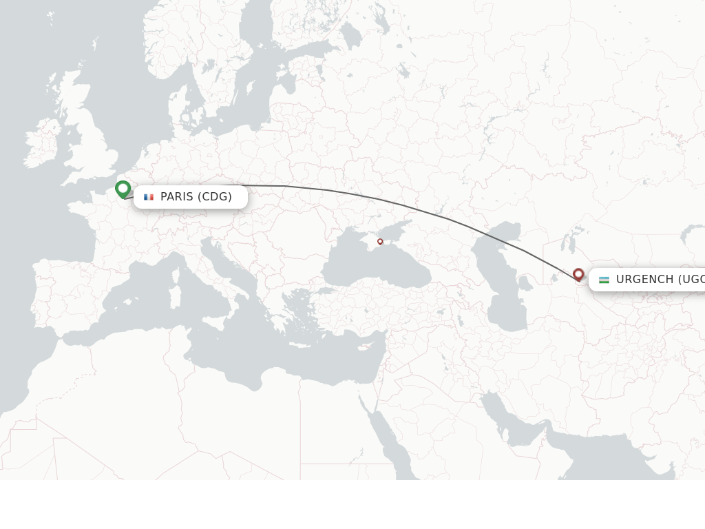 Flights from Paris to Urgench route map
