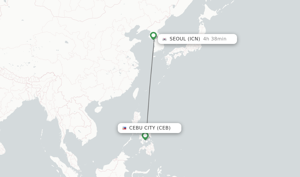 Flights from Cebu City to Seoul route map