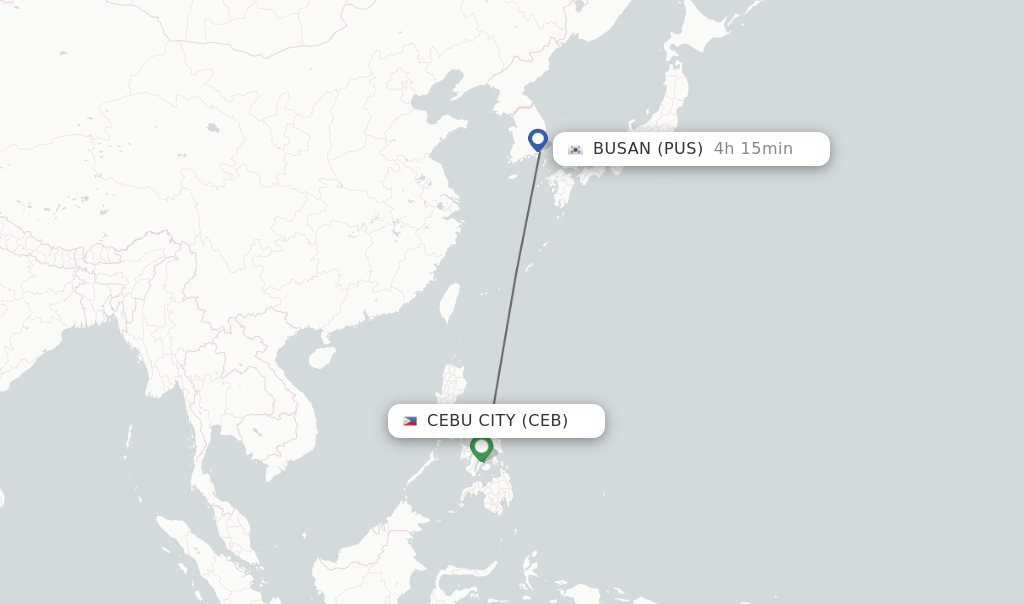 Flights from Cebu City to Busan route map
