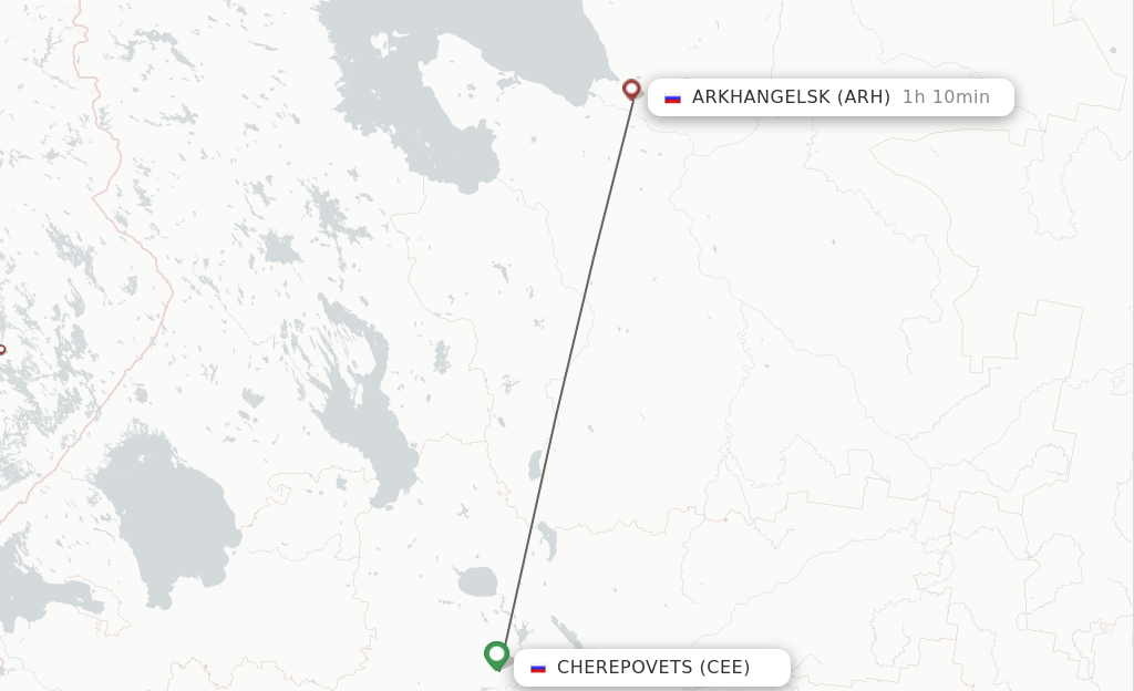 Flights from Cherepovets to Arkhangelsk route map