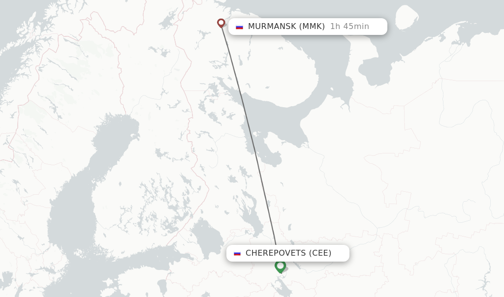 Flights from Cherepovets to Murmansk route map
