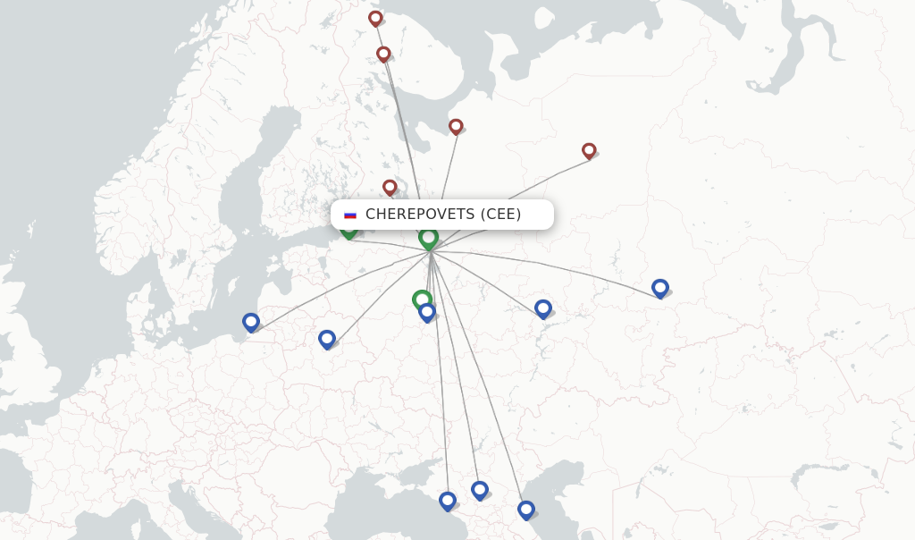 Flights from Cherepovets to Kazan route map