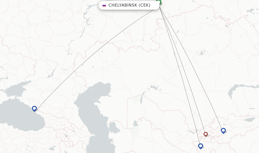 Route map with flights from Chelyabinsk with Ural Airlines