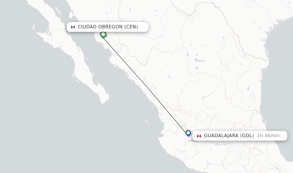 Flights from Ciudad Obregon to Guadalajara route map