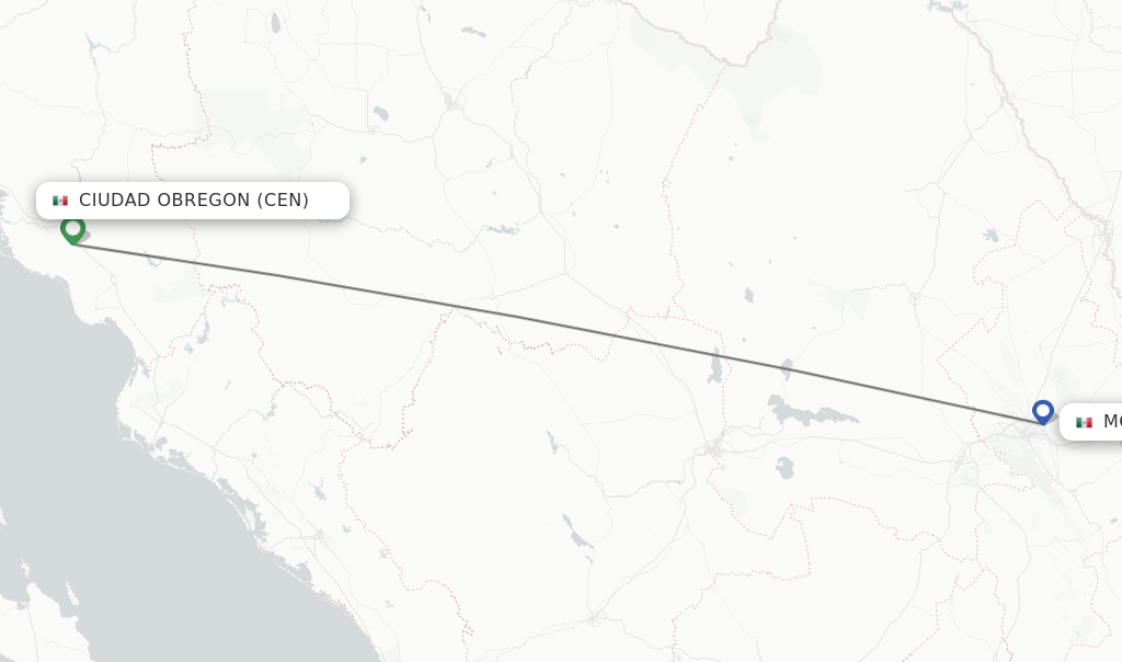 Flights from Ciudad Obregon to Monterrey route map