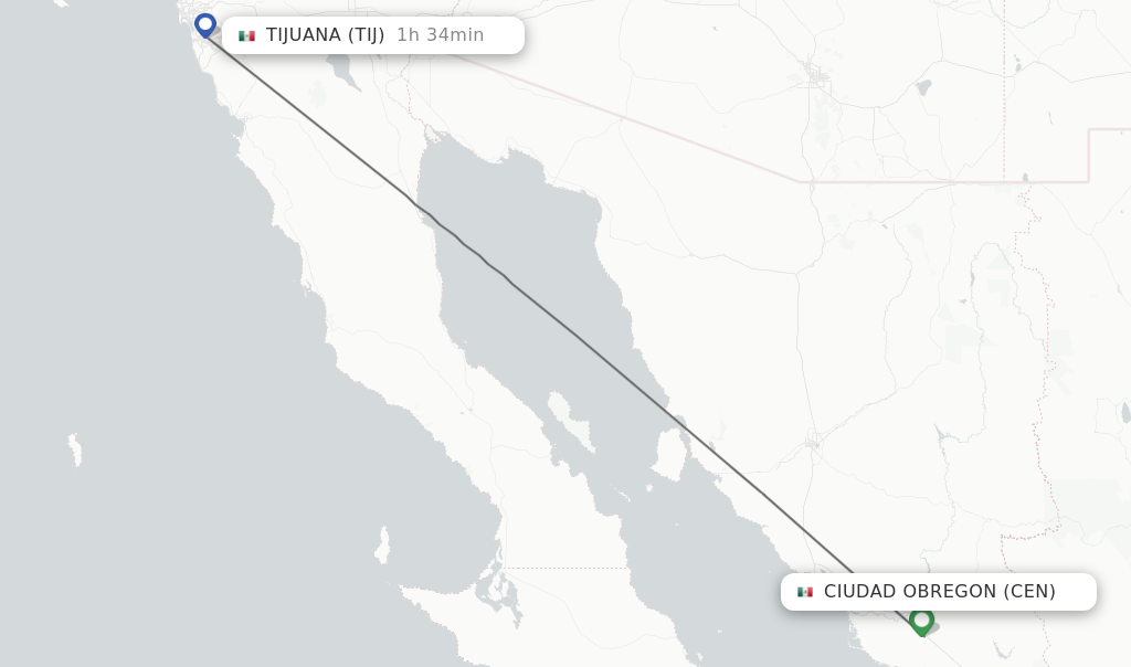 Flights from Ciudad Obregon to Tijuana route map