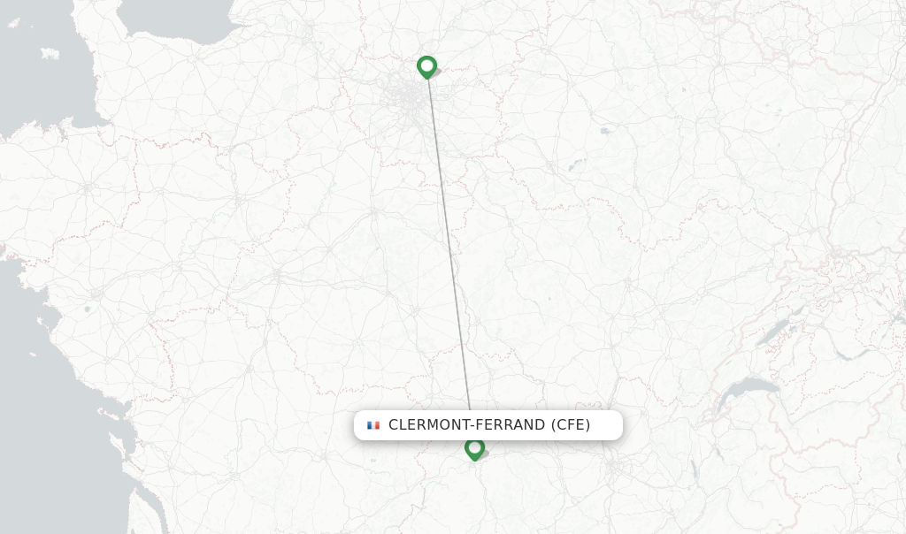 Route map with flights from Clermont-Ferrand with Air France