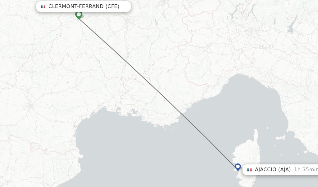 Flights from Clermont-Ferrand to Ajaccio route map