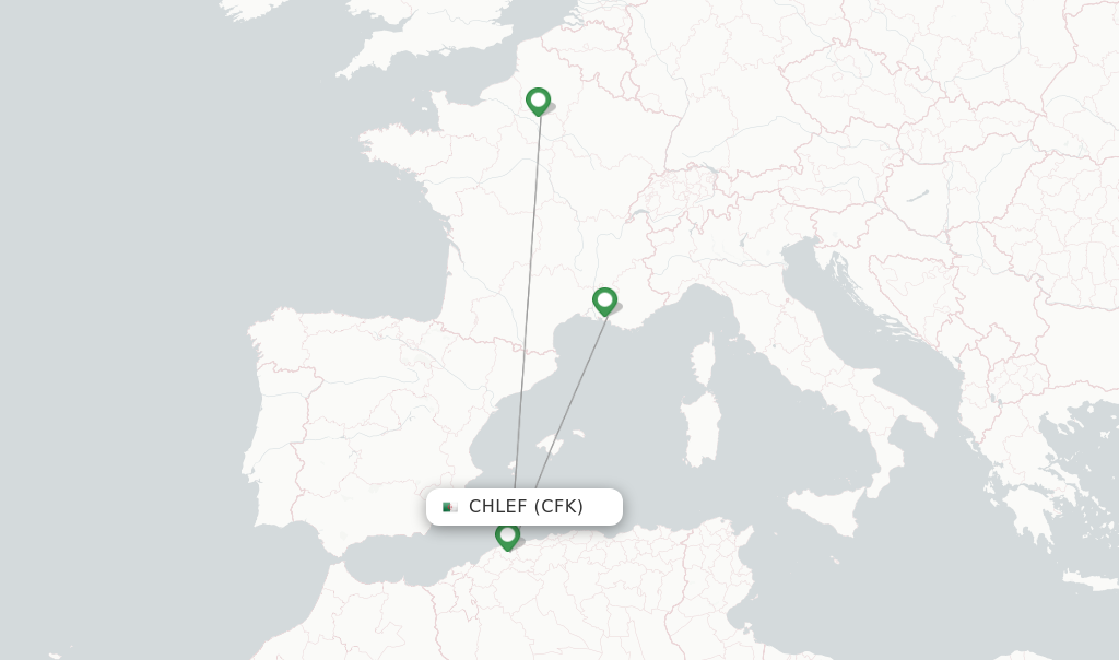Route map with flights from Chlef with Air Algerie