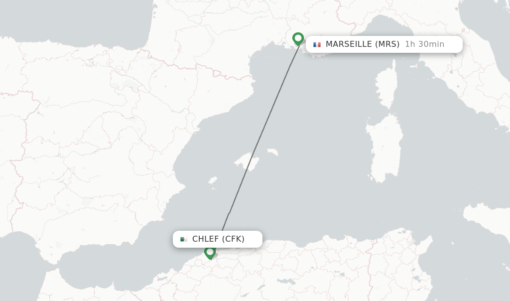 Flights from Chlef to Marseille route map