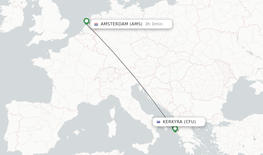Flights from Kerkyra to Amsterdam route map