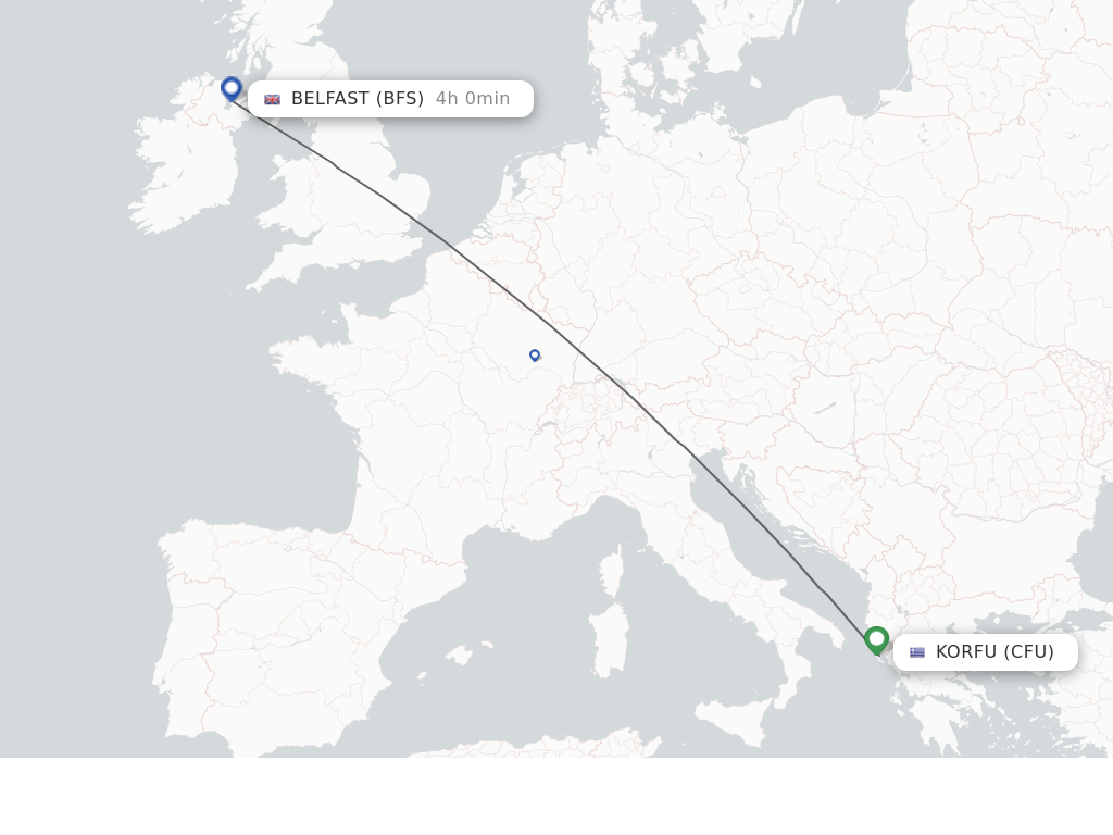 Flights from Kerkyra to Belfast route map