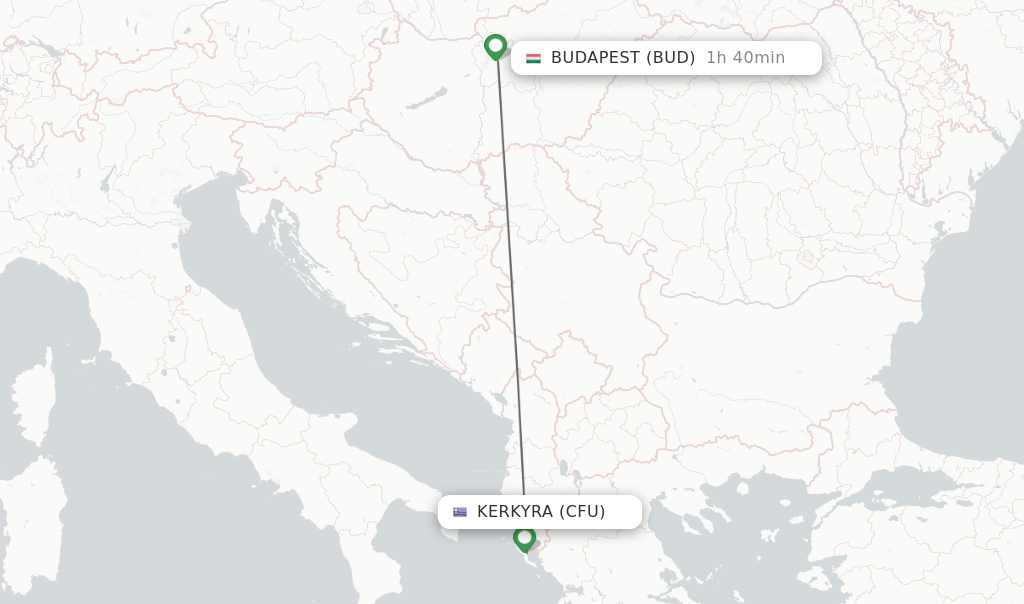 Flights from Kerkyra to Budapest route map