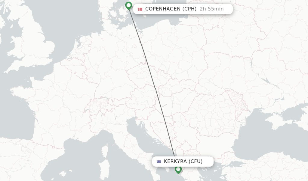 Flights from Kerkyra to Copenhagen route map