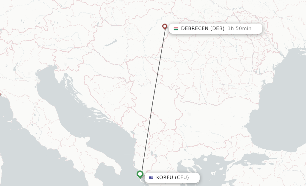 Flights from Kerkyra to Debrecen route map