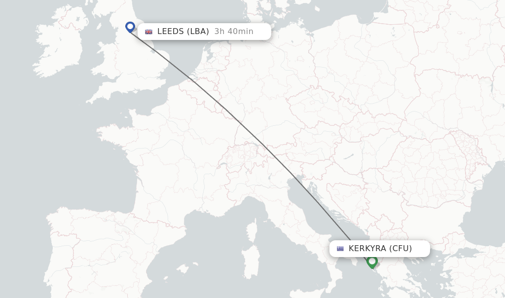 Flights from Kerkyra to Leeds route map
