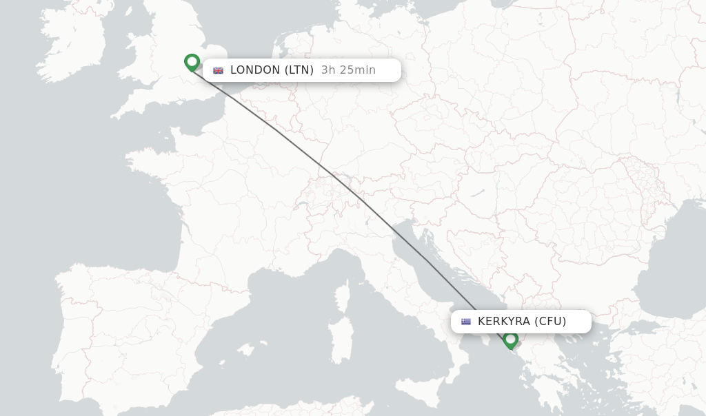 Flights from Kerkyra to London route map